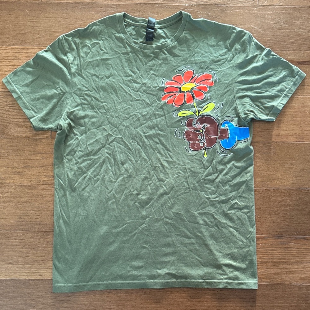 Gildan Olive Green Tee with Custom Red & Yellow Flower Graphic